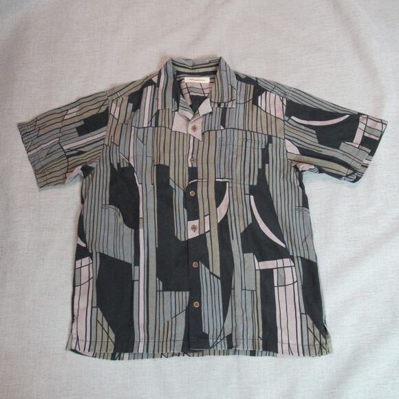 Tommy Bahama Shirt Mens Large Black Geometric Island Zone Hawaiian Beach Ripstop - Picture 1 of 10